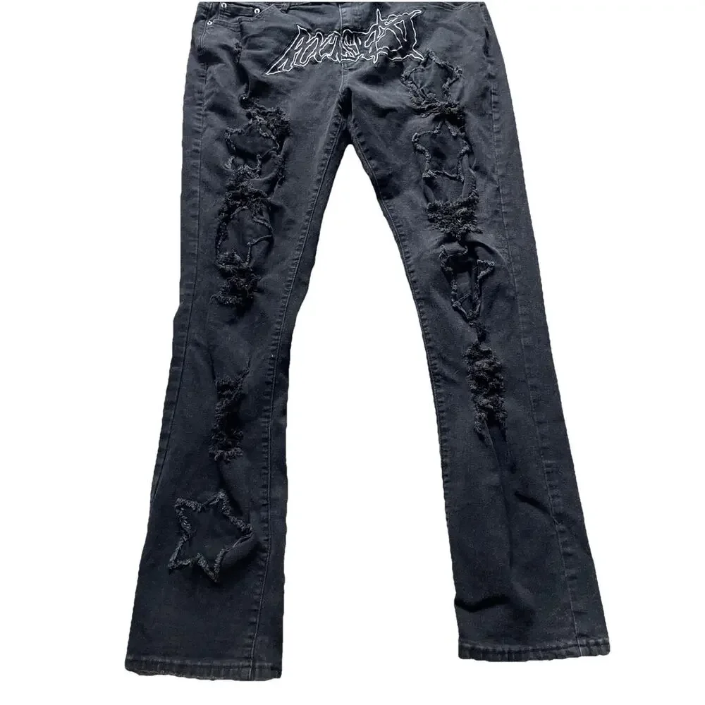 Jeanswear Rockstar Distressed Jeans Star Patches 40 Stretch Grunge Black